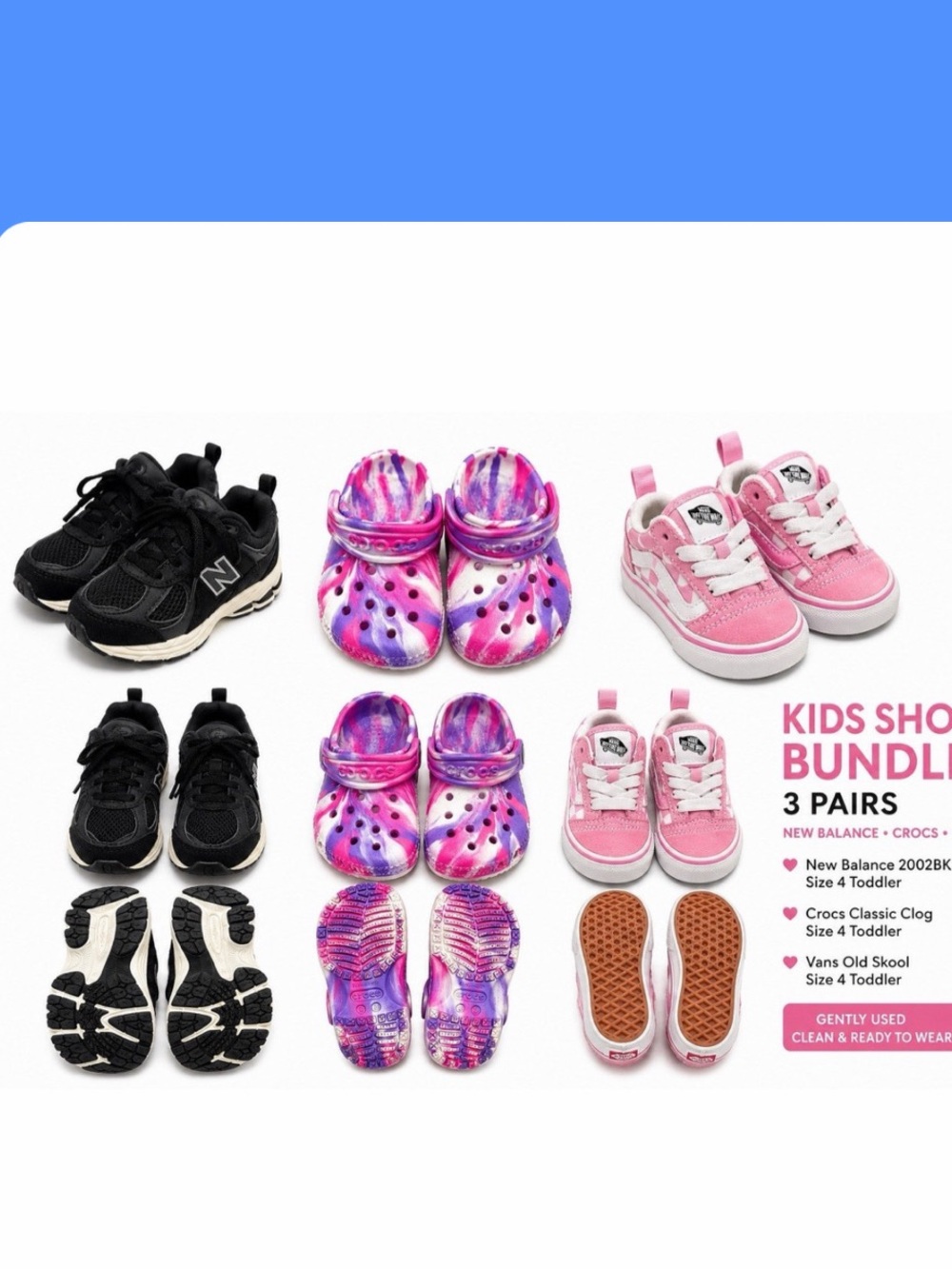 Toddler Shoe Bundle Size 4C New Balance Vans Crocs 3 Pairs Girls Pink Black